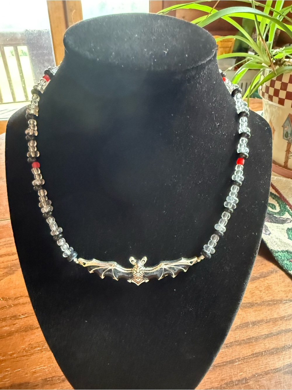 Silver Bat Pendant Beaded Necklace - Black and Clear